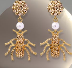 Faux Pearl and Crystal Insect Drop Earrings